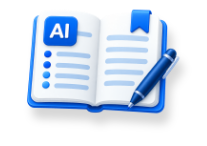 Open book with AI label, blue bookmark, pen, and text lines representing a syllabus or notes.