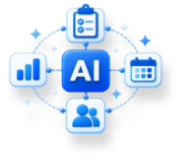 Central AI square icon connected to clipboard, graph, calendar, and group user icons with arrows.