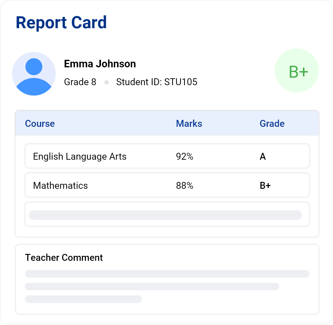 Report card for Emma Johnson, grade 8, showing grades A and B+ in English and Math, overall B+ grade.