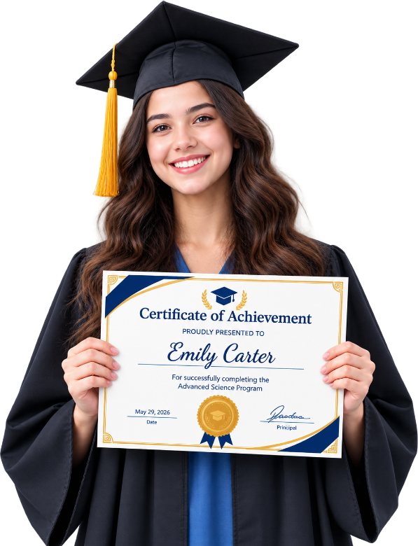 Smiling female graduate in cap and gown holding a Certificate of Achievement for Advanced Science Program.