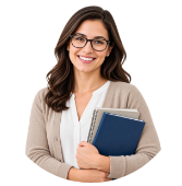 Smiling woman wearing glasses holding a blue notebook, dressed in a beige cardigan and white blouse.