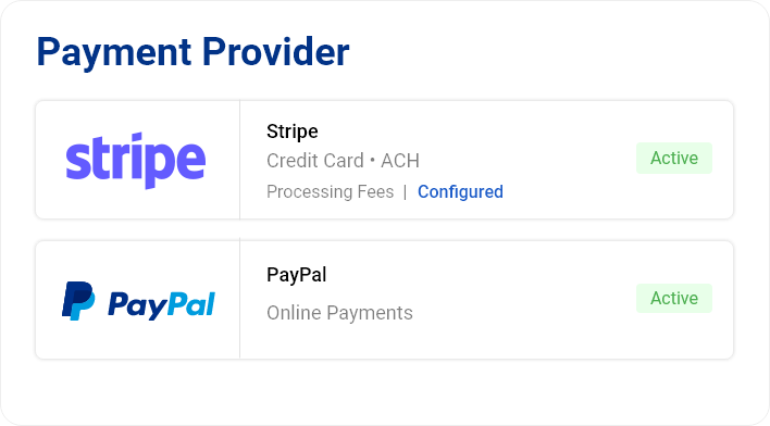 Payment Provider settings showing active Stripe and PayPal integrations for online payments in openSIS.