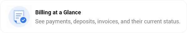 Billing at a Glance showing payments, deposits, invoices, and their current status in openSIS.