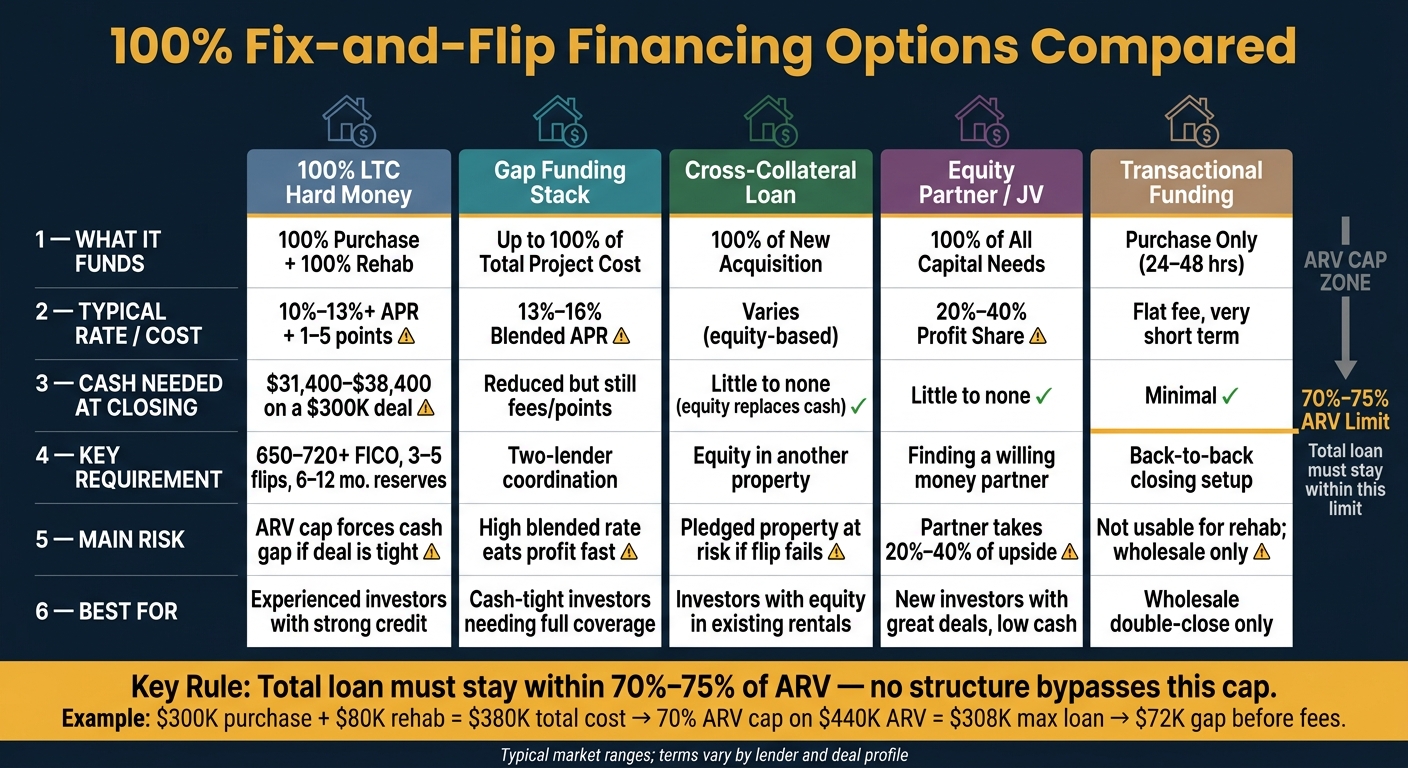 100% Fix-and-Flip Financing Options Compared: Costs, Coverage & Trade-Offs