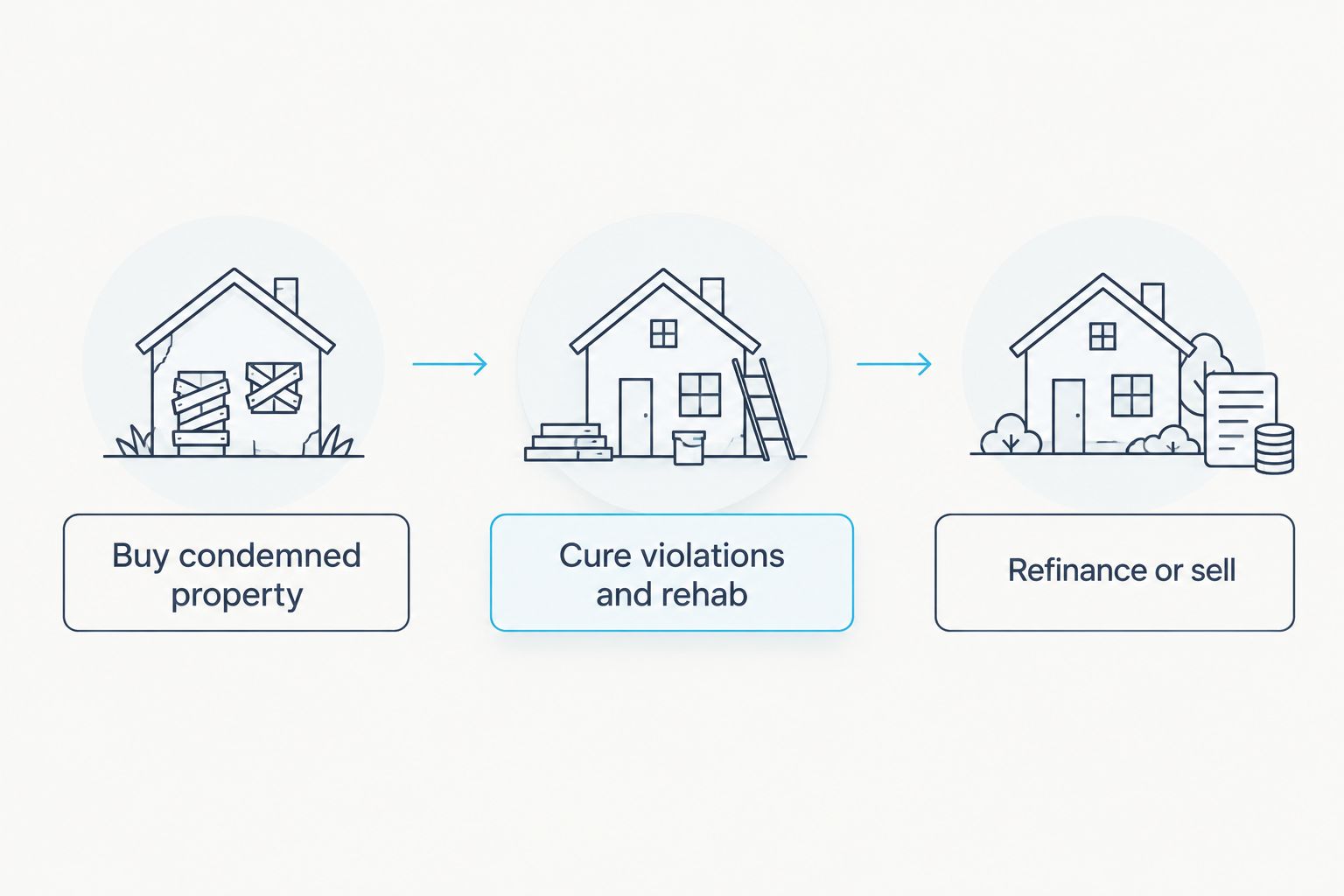 Three-step sequence from buying a condemned property to refinancing or selling