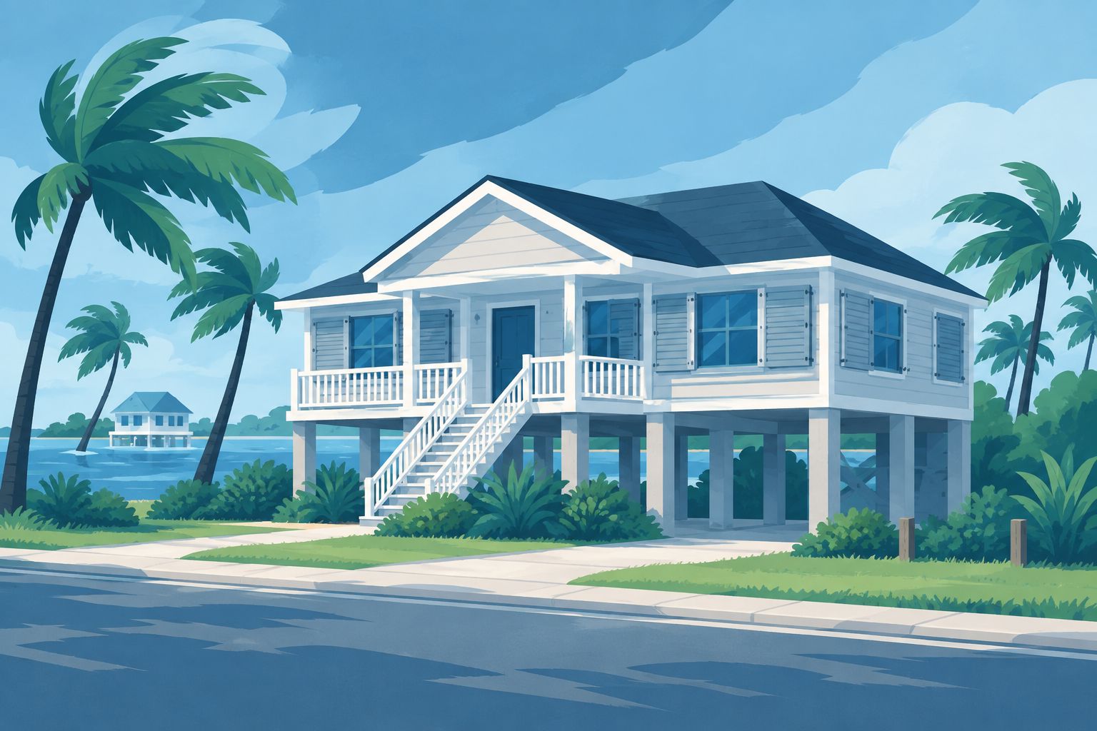Elevated coastal rental home with impact windows and storm shutters
