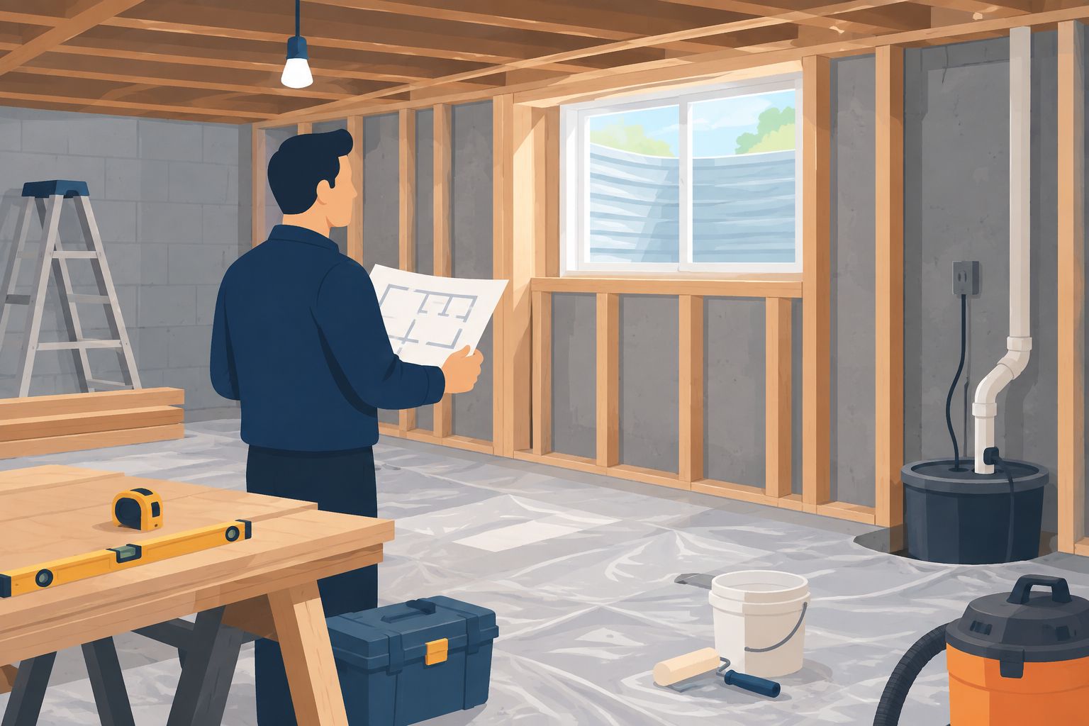 Basement renovation showing a new egress window and exposed framing