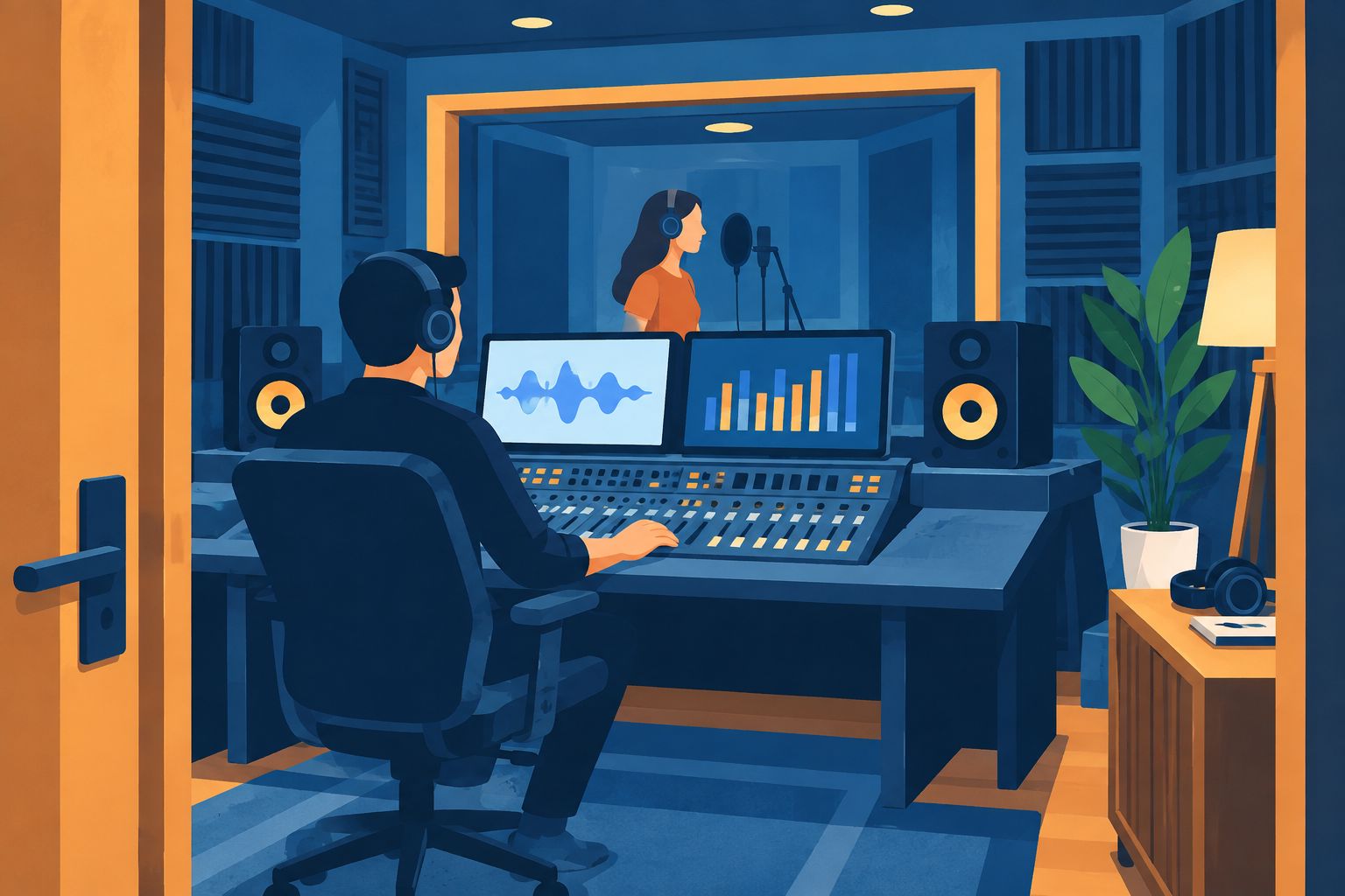 Recording studio control room with acoustic paneling and mixing console