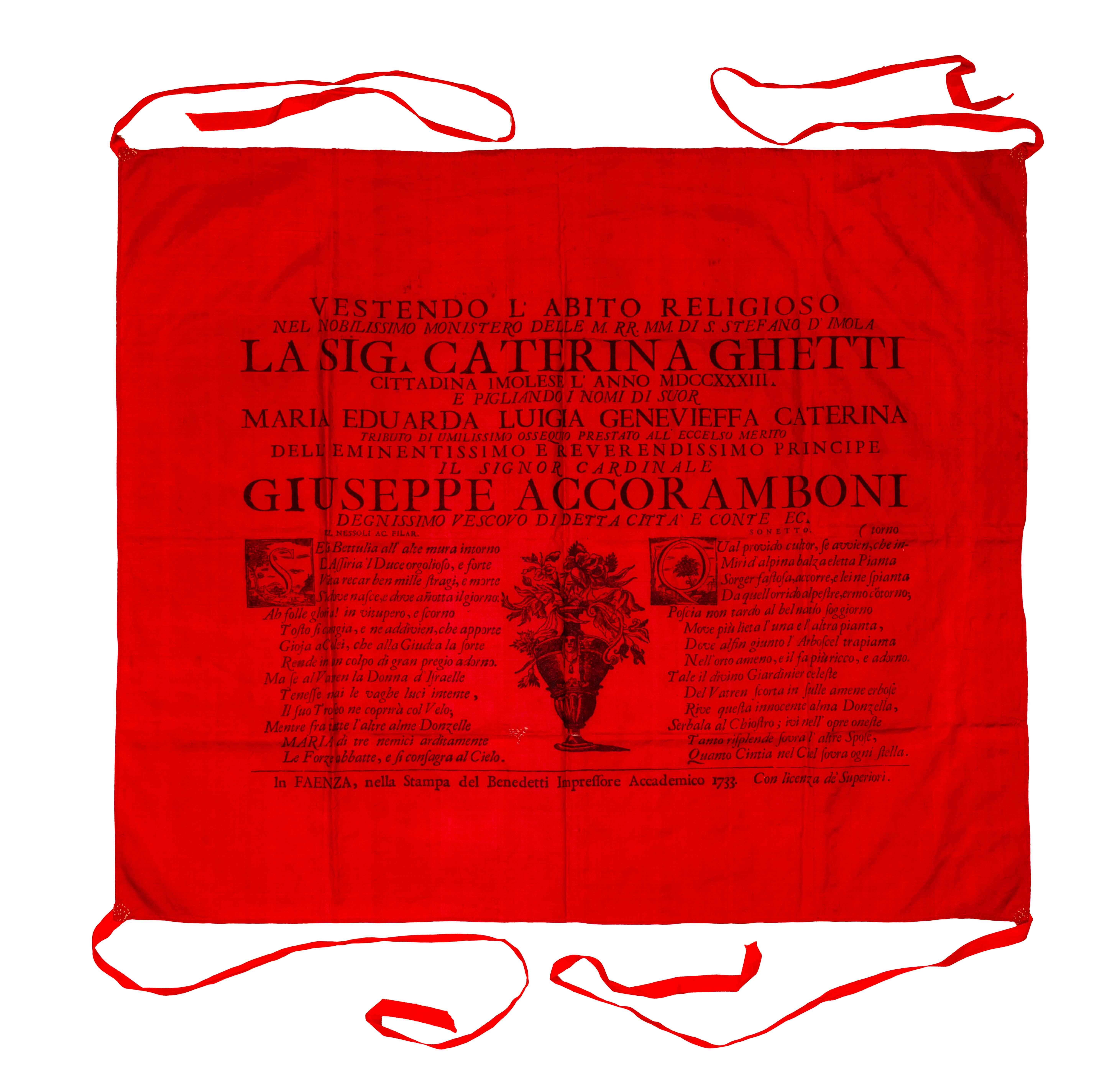 Anonimo incisore sec. XVIII, Maria Mater Gratiae Libera nos a peste, su seta rossa, Faenza, sec. XVIII, Biblioteca del Sacro Eremo di Camaldoli