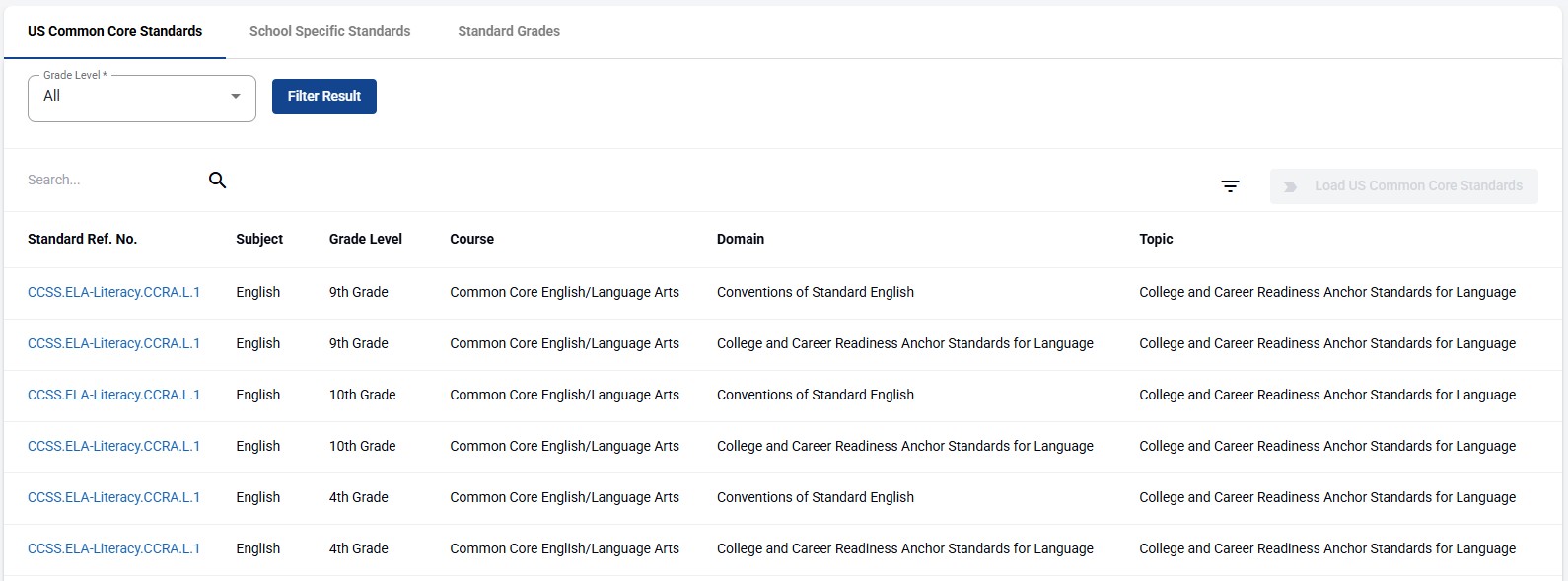 Common core standard entry screen