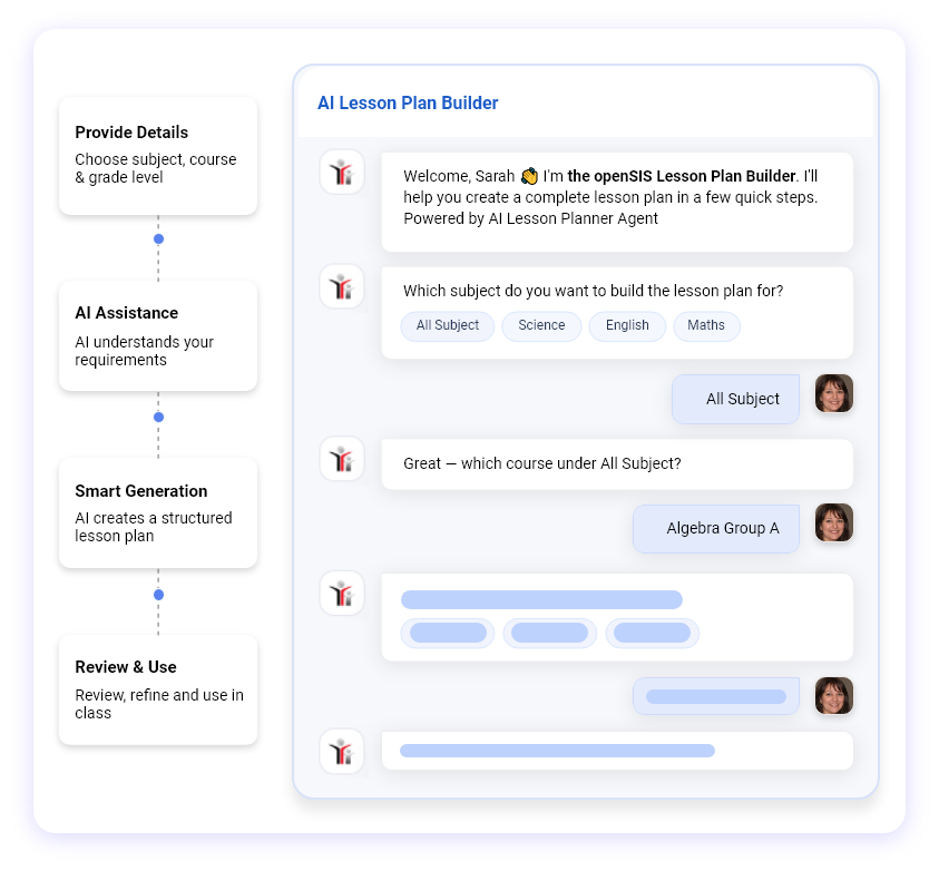 openSIS AI Lesson Plan Builder showing an AI-powered chat interface that guides educators through lesson details, AI assistance, lesson plan generation, and review.