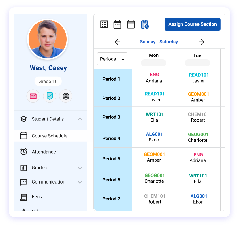 openSIS Student Management screen displaying a Grade 10 student profile with a weekly course schedule, class periods, course details, and navigation options for attendance, grades, communication, and fees.