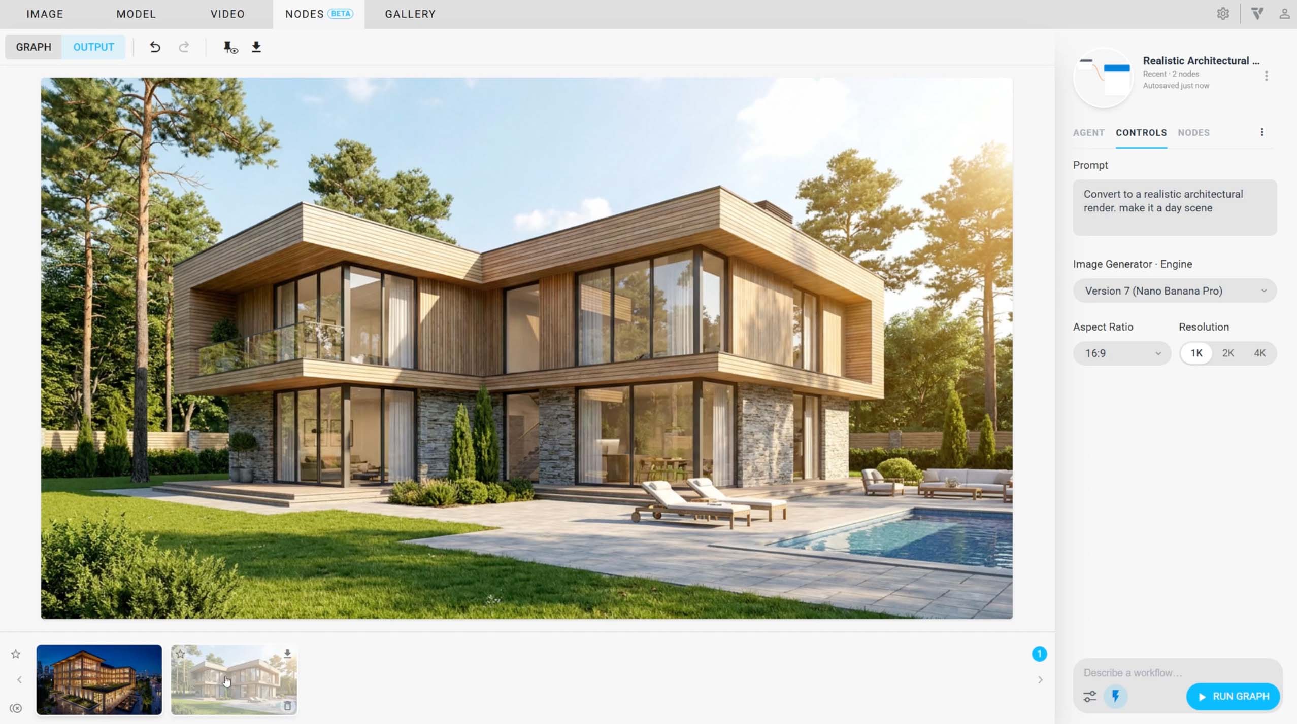 Veras NODES toont een rendering van een woning in hout en steen met zwembad, naast instellingen voor de prompt en resolutie.