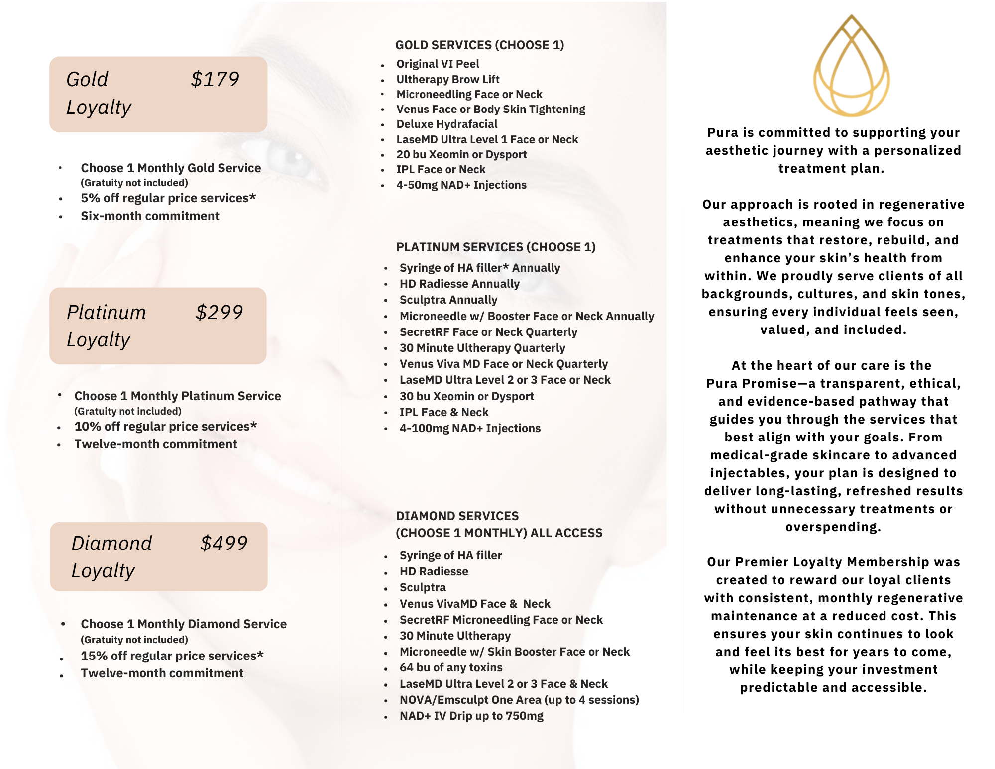 2026 Membership pricing and benefits for Gold, Platinum, and Diamond Loyalty plans showing discounts, commitments, and selectable aesthetic services like peels, fillers, Ultherapy, Microneedling, and injectables, alongside a statement about Pura's personalized, regenerative aesthetic care approach and commitment to ethical, effective treatments.