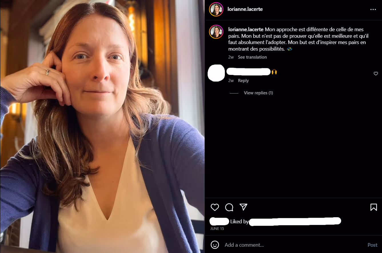 Publication de Lorianne disant que son but est d'inspirer ses pairs en montrant des possibilités.