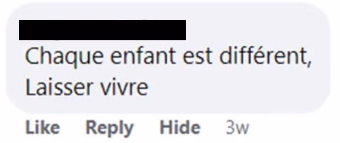 Commentaire négatif disant que chaque enfant est différent et de laisser vivre.