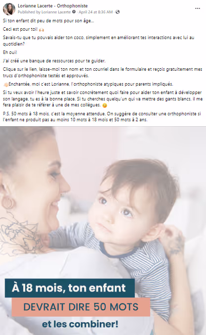 Publicité mentionnant qu'à 18 mois, un enfant devrait pouvoir dire 50 mots et les combiner.