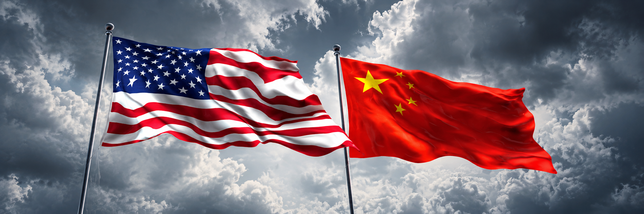 Banderas de Estados Unidos y China ondeando bajo un cielo nublado