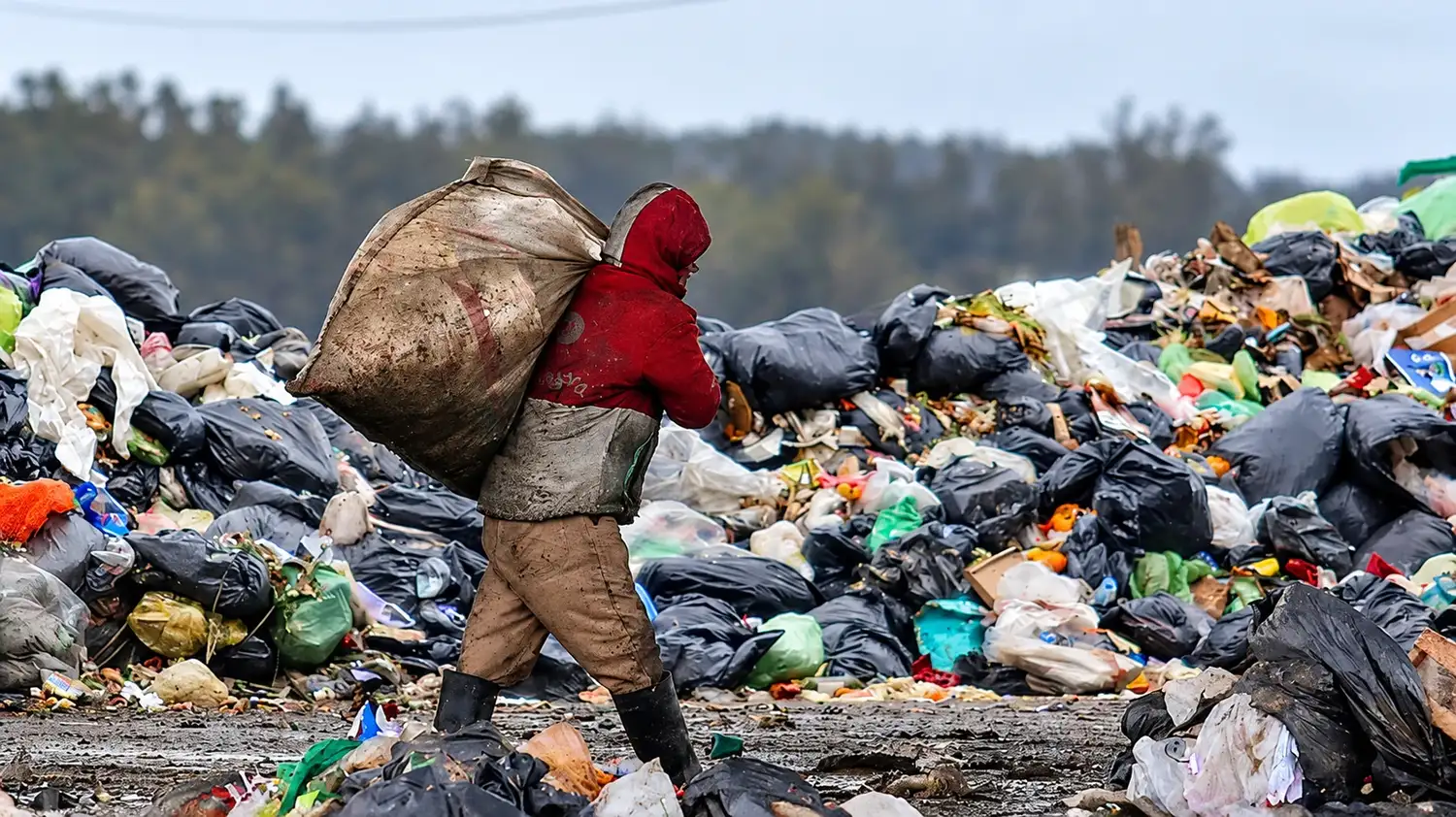 Una persona junta cartones y residuos reciclables en un basural a cielo abierto