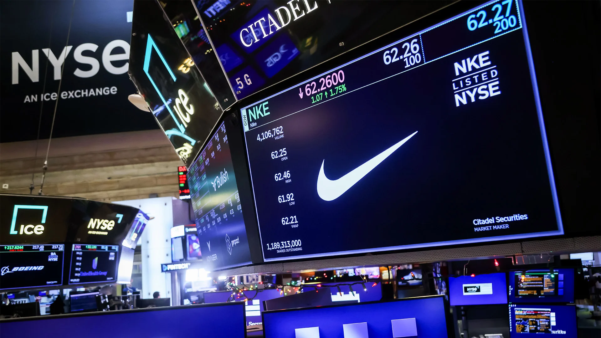 Pantalla de la Bolsa de Nueva York con el ticker NKE y el logo de Nike, junto a los datos de cotización de la acción.