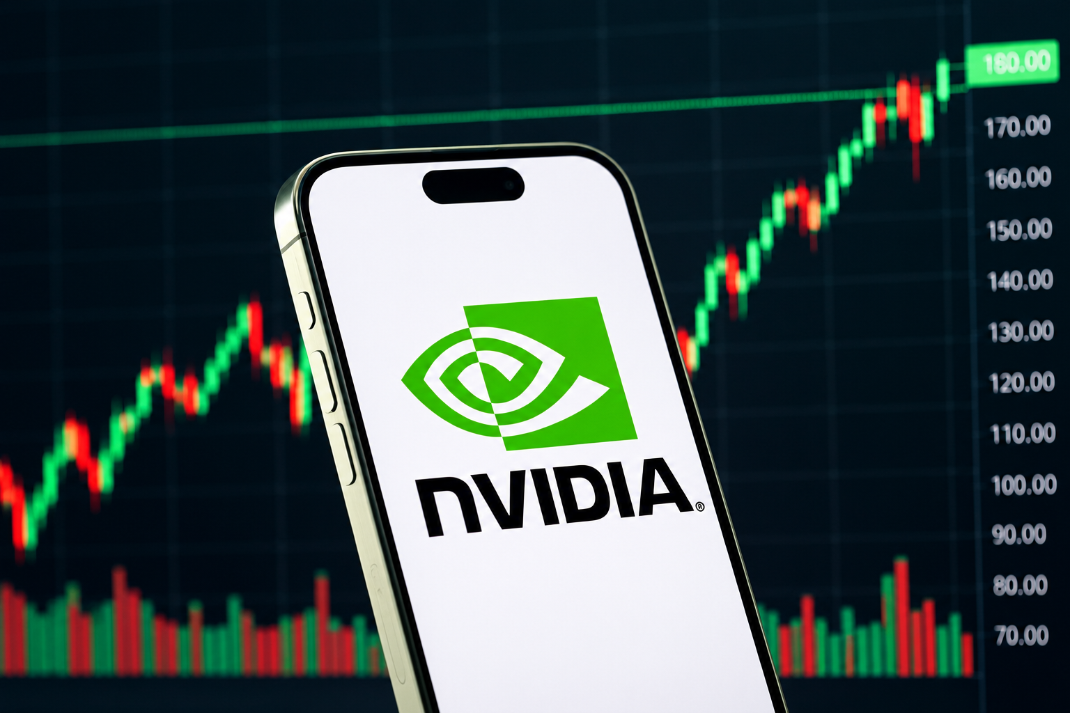 Celular con el logo de Nvidia frente a un gráfico de velas de cotización en alza