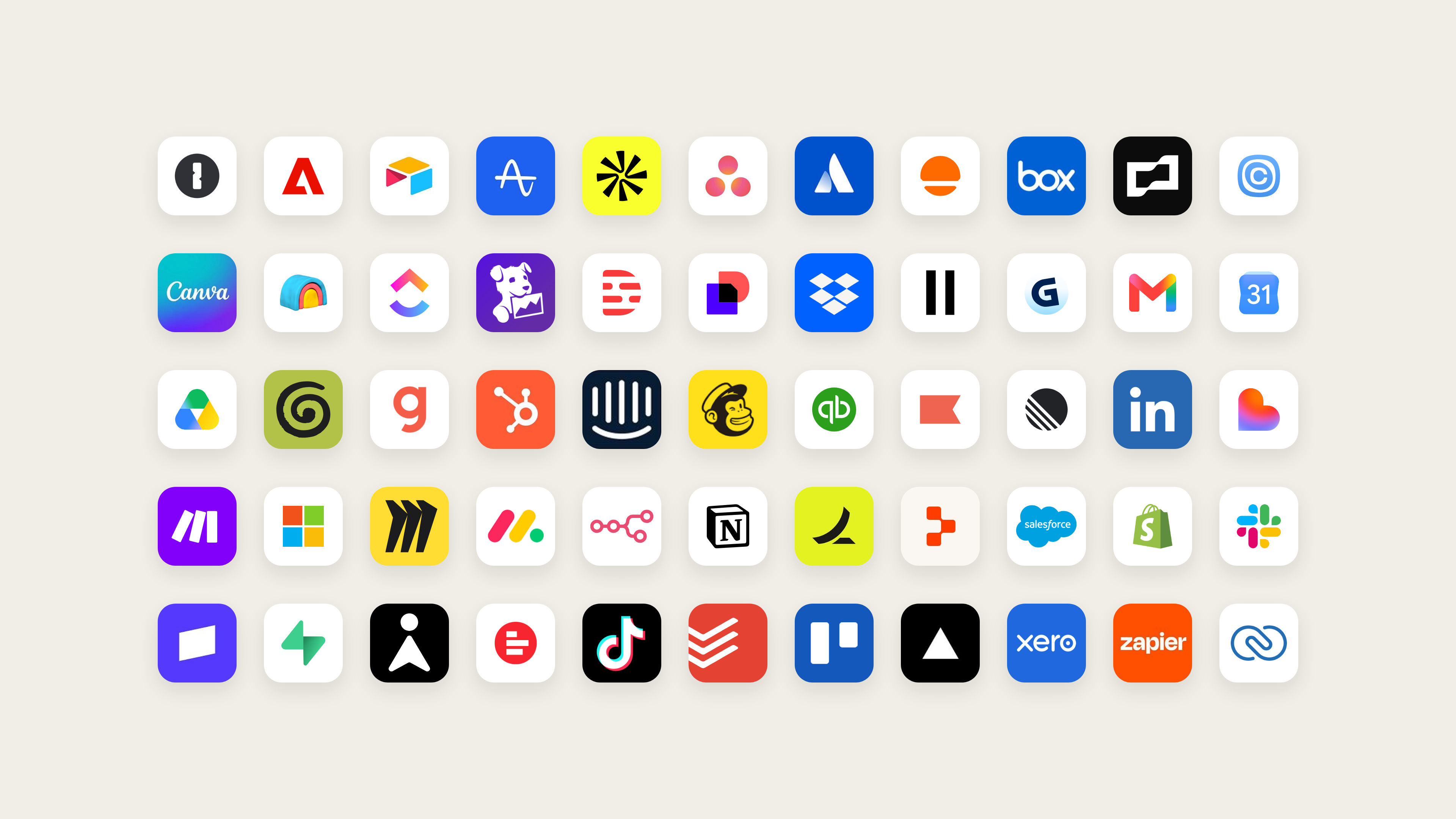 Logos de apps compatibles con Claude Duet, como Gmail, Slack, Canva, QuickBooks, Shopify y Notion