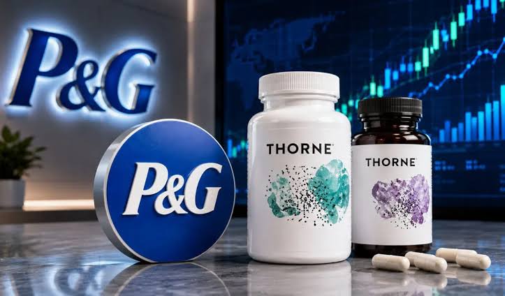 Logo de P&G junto a frascos de suplementos Thorne frente a un gráfico bursátil en alza