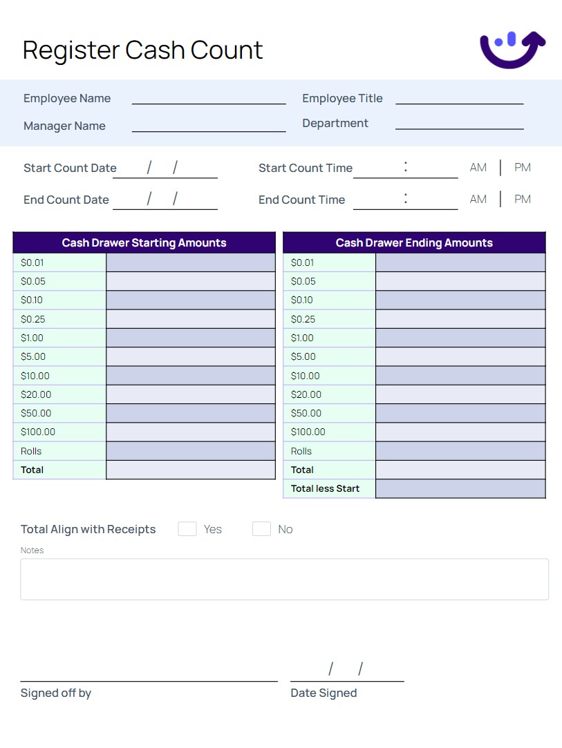 Register Cash Count Sheet | Xenia Templates