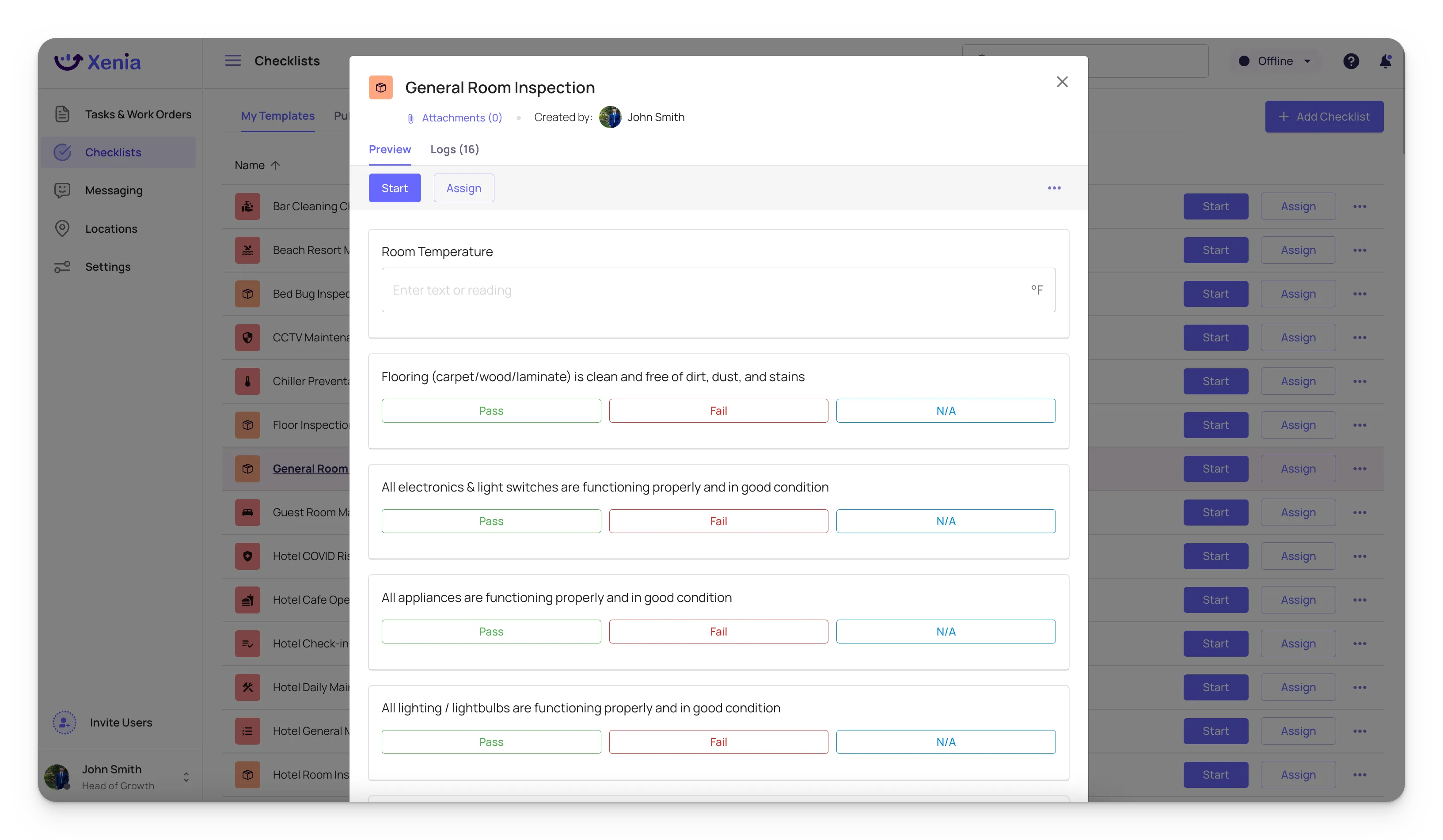 Xenia Quality Control Checklist Desktop