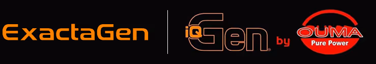 Logos for ExactaGen and IQGen by OUMA Pure Power side by side on a black background.