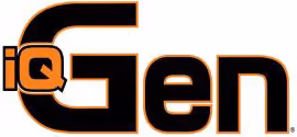Logo with stylized text 'iQGen' featuring large black letters with orange outline.