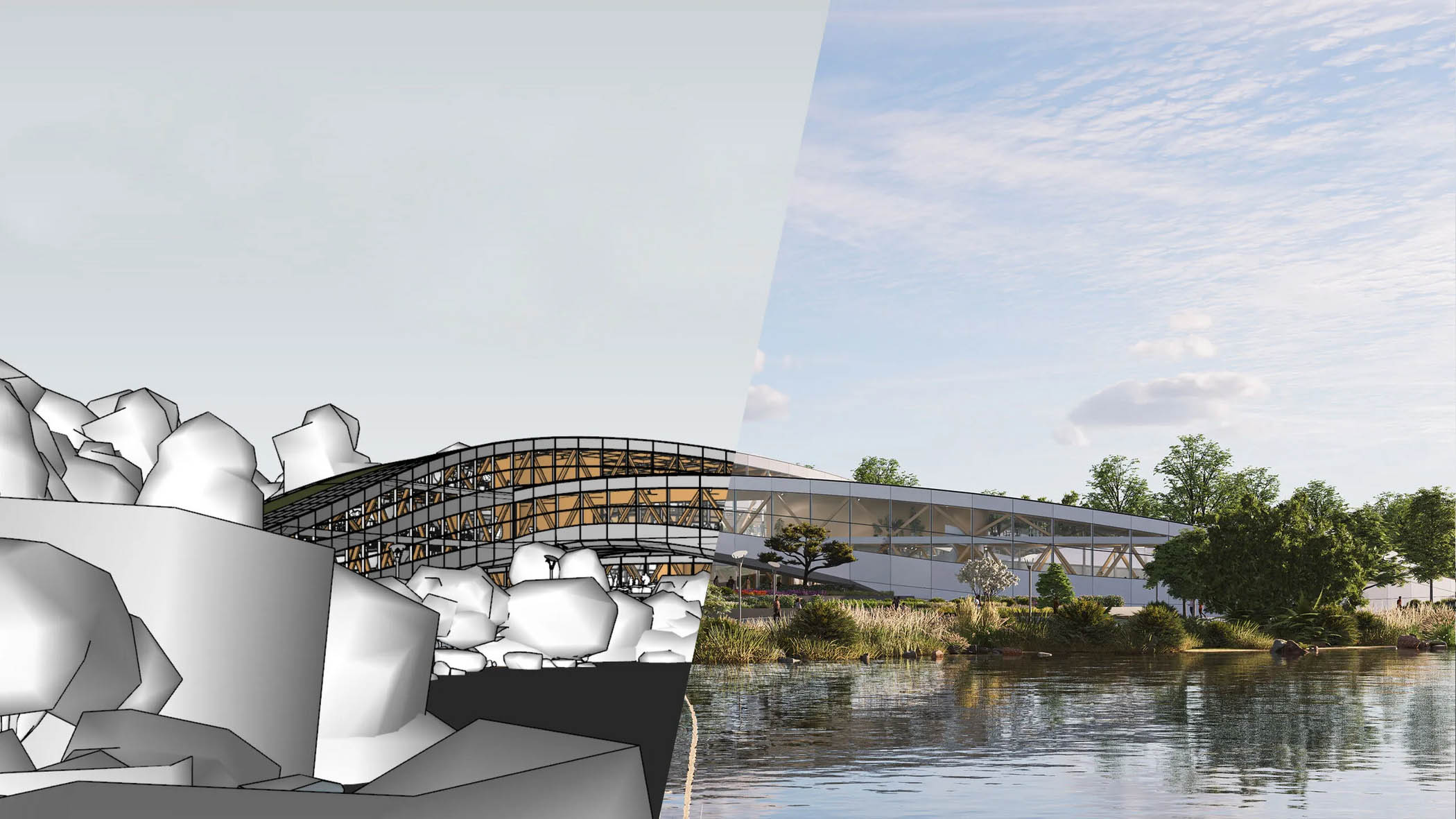 Comparaison entre un modèle CAO 3D et un rendu photoréaliste Enscape d’un bâtiment courbe en bois et en verre au bord d’un lac.