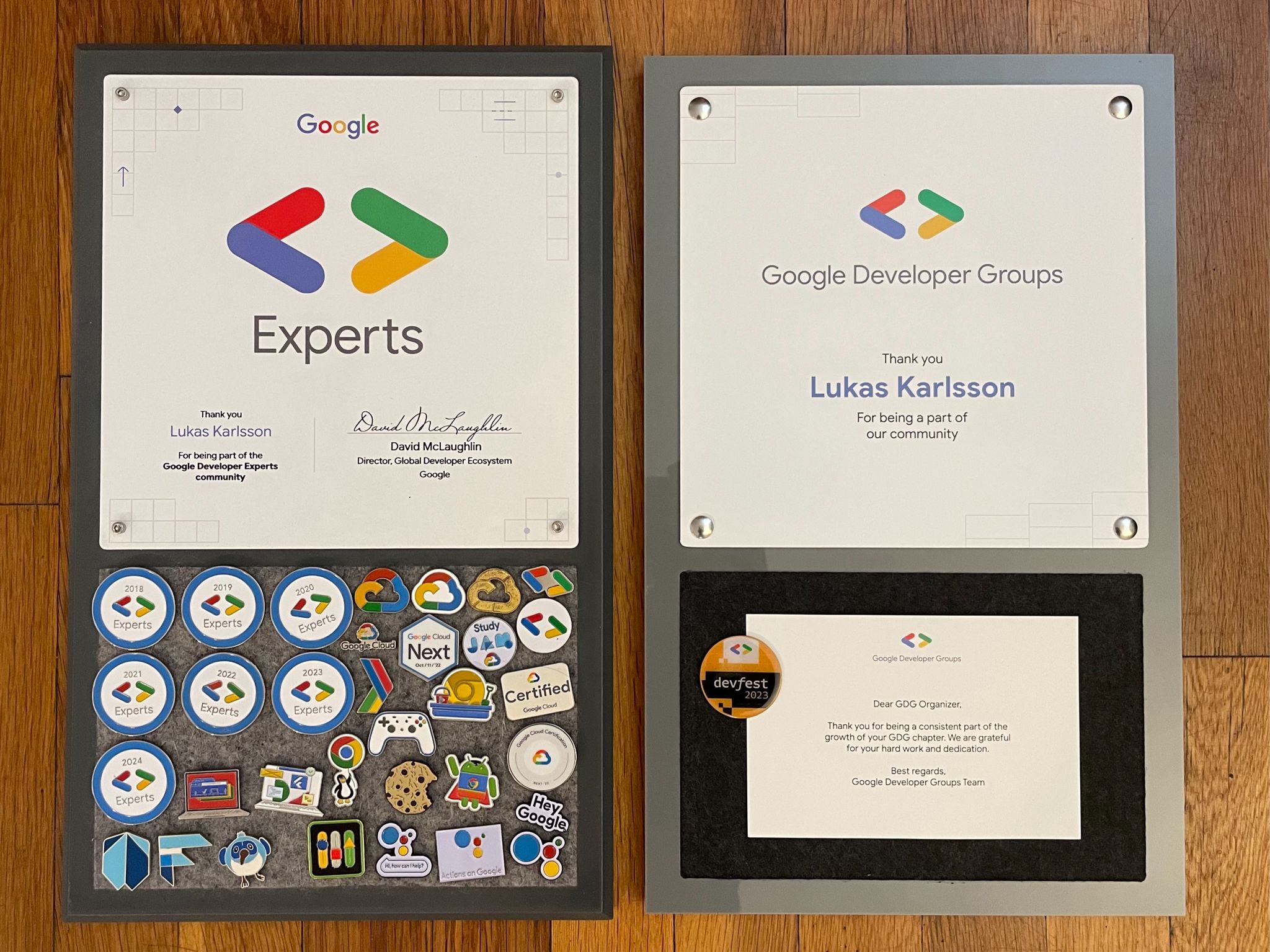 A great example from Google Developer Groups (GDG): members receive yearly pins and certificates to celebrate their contributions. This photo was shared by Lukas Karlsson on LinkedIn. Google Developer Experts and Google Developer Groups use yearly pins and certificates to keep contributors motivated, turning recognition into a collectible journey.