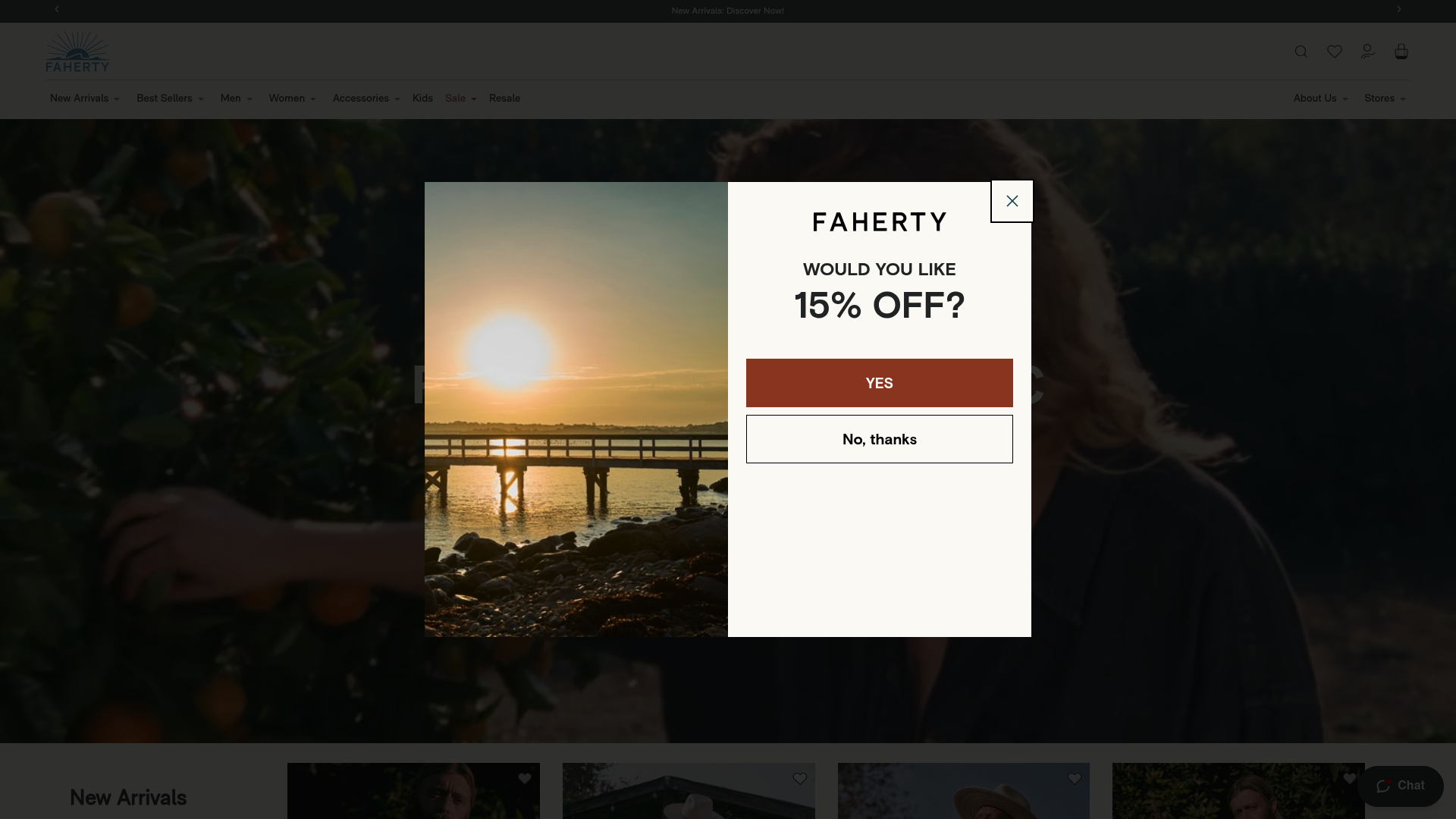 A screenshot of Faherty Brand's homepage showing a coastal and relaxed aesthetic, featuring a prominent logo centered at the top with "Faherty" displayed in a minimalist font alongside a small sun emblem, evoking a sense of warmth and adventure. The hero image showcases models wearing vibrant and colorful outdoor clothing, including light jackets and casual pants, set against a natural background of beaches and coastal landscapes, reinforcing the brand’s connection to nature and outdoor living. The layout is clean and spacious with a neutral, sandy color palette that complements the vivid blues and greens of the clothing. Taglines such as "Sustainable Style" and "Feel Good, Look Good" suggest an emphasis on eco-friendly practices and comfort. The site targets a demographic interested in casual luxury with a taste for adventure, appealing to environmentally conscious, fashion-savvy consumers. Featured products include men's and women's apparel noted for sustainable materials and versatile wear, positioned as ideal for both urban and outdoor environments.