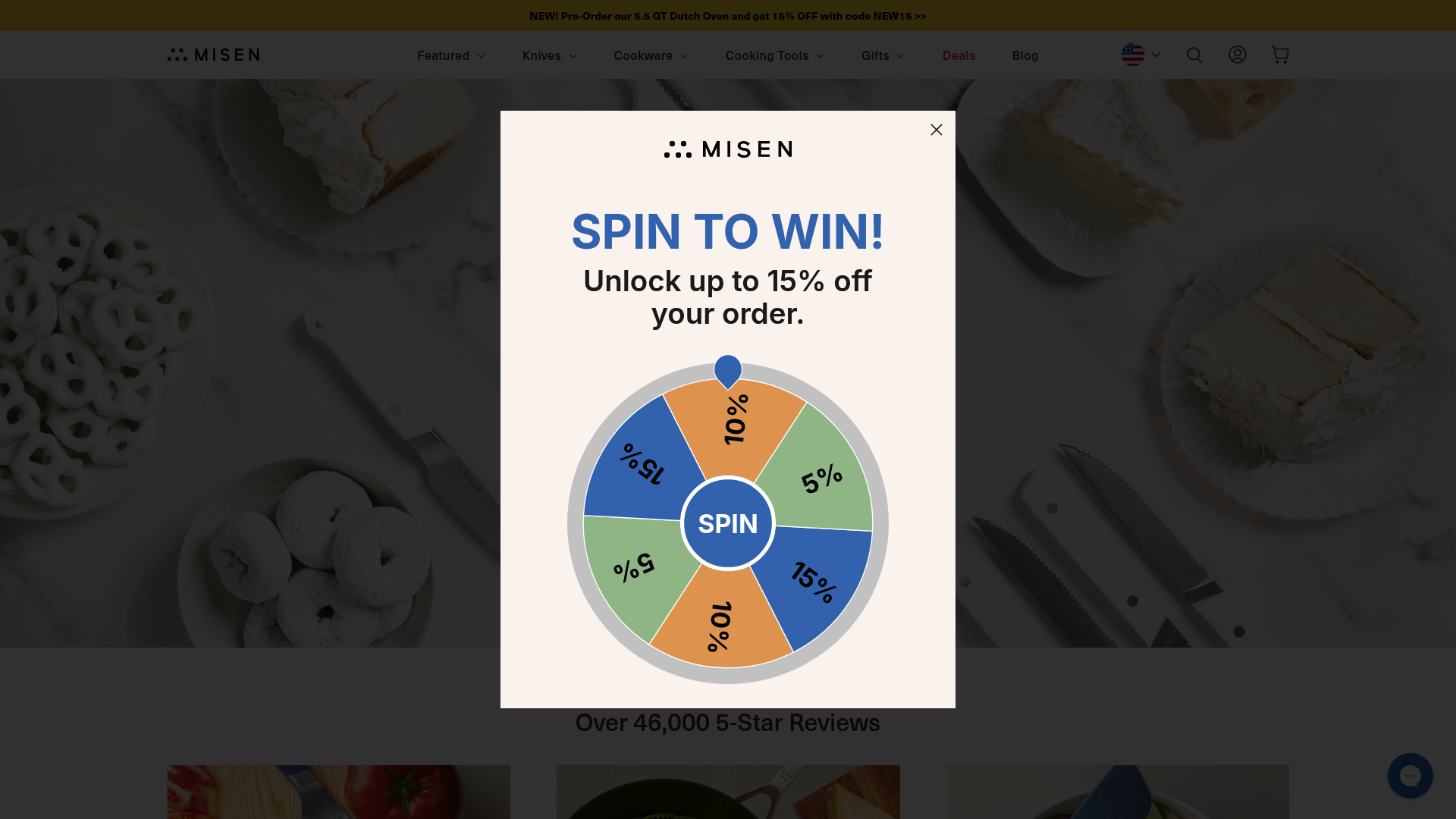 A screenshot of Misen's homepage showing a minimalist and professional design featuring the Misen logo in a sleek font at the top, highlighted by a modern blue and white color scheme signifying trust and quality. The hero image prominently displays a collection of kitchen knives and cookware, focusing on a Chef's Knife known for its sharpness and durability. Key promotional text like "White Knives are Here!" with a 15% discount offer using code WHITEOUT, and brand tagline "Unreal cookware for real people," emphasizes affordability and high quality. The layout includes sections for Best Sellers and What's New. Visuals appeal to both professional chefs and home cooks through imagery of premium products designed for everyday cooking needs. Notable features include a lifetime warranty and outstanding customer reviews. This detailed description aids in SEO by integrating primary keywords such as 'premium kitchen tools,' 'cookware,' and 'knives.'