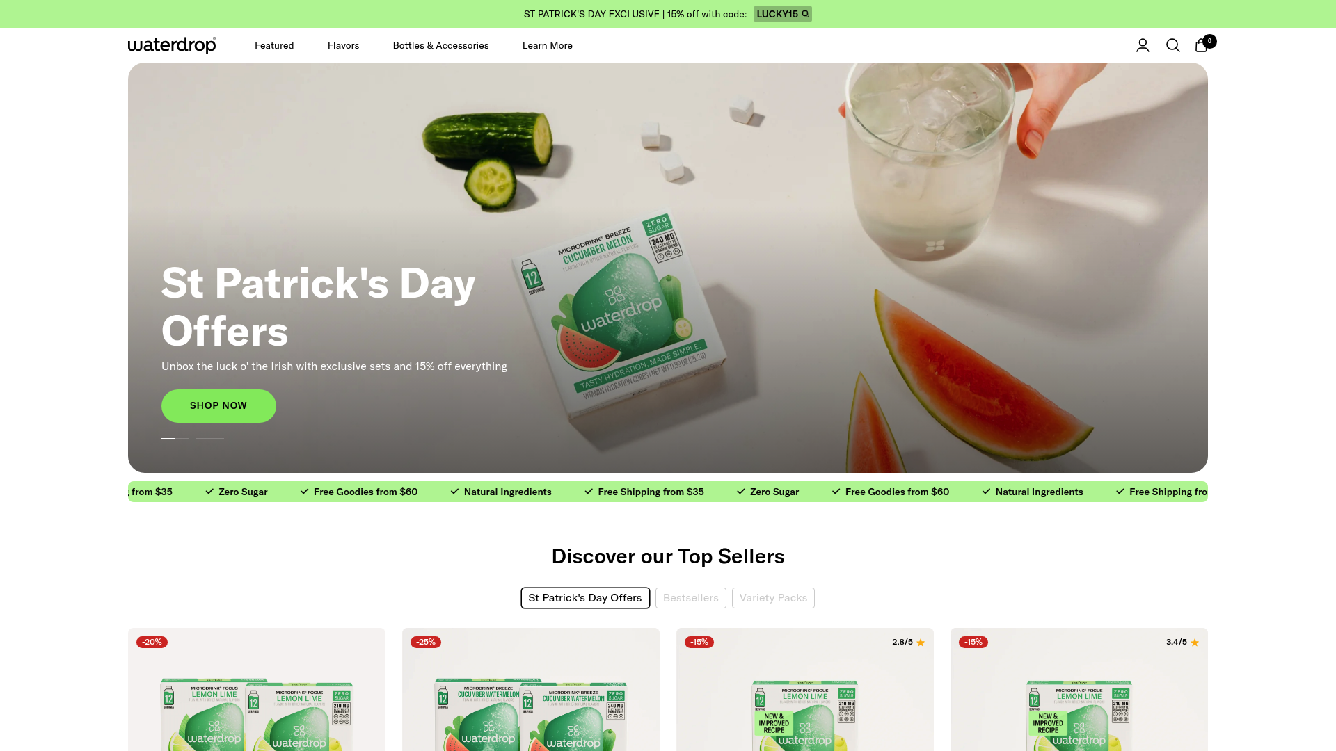 A screenshot of Waterdrop's homepage showing a clean and minimalist design. The Waterdrop logo, featuring stylized text, anchors the top-left corner in a delicate, modern font. Hero images prominently feature their flagship products: Microdrink sets and elegant Thermo Steel bottles. The homepage colors are subtle and soothing, predominantly using whites and light blues, reflecting a refreshing, minimalist aesthetic. Prominent taglines emphasize hydration and sustainability, with phrases like "Zero Sugar, Valuable Vitamins," inviting visitors to explore revolutionary hydration solutions. The visual style, characterized by elegant simplicity and eco-conscious messaging, reflects a sophisticated, health-oriented brand positioning itself to appeal to a modern, environmentally aware demographic. Product images are crisp, with detailed shots of drink cubes and associated accessories, highlighting their compact, convenient form that promotes easy daily hydration. The homepage underscores Waterdrop's commitment to reducing plastic use alongside its variety of flavorful, vitamin-rich products, encapsulating a premium yet accessible ethos.