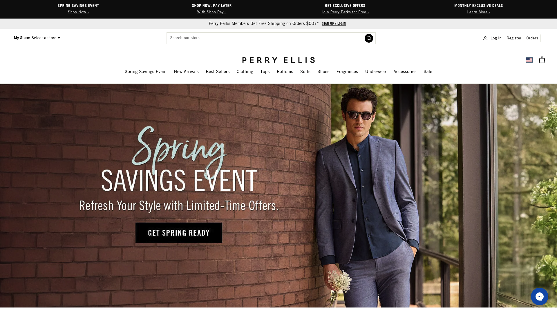 A screenshot of Perry Ellis's homepage showing the brand's logo alongside the tagline "Life Ready Since 1976," highlighting the ongoing "Spring Savings Event." The layout is clean and organized with a minimalist aesthetic, using neutral and earthy tones to create a sophisticated look. Prominent sections, like "Always Ready With Tua" and "The Tech Knit Collection," feature high-quality images of models wearing casual to formal men's apparel. The target demographic includes modern men seeking versatile, comfortable fashion, with sections like the "Travel Luxe Collection" emphasizing ease with no-iron technology. The page boasts a wide range of stylish products: suits, shirts, denim, and accessories featured through headings like "Ultimate Comfort" and "Finishing Touches," underpinning Perry Ellis's personality of relaxed luxury and functional fashion for those who value style and utility.