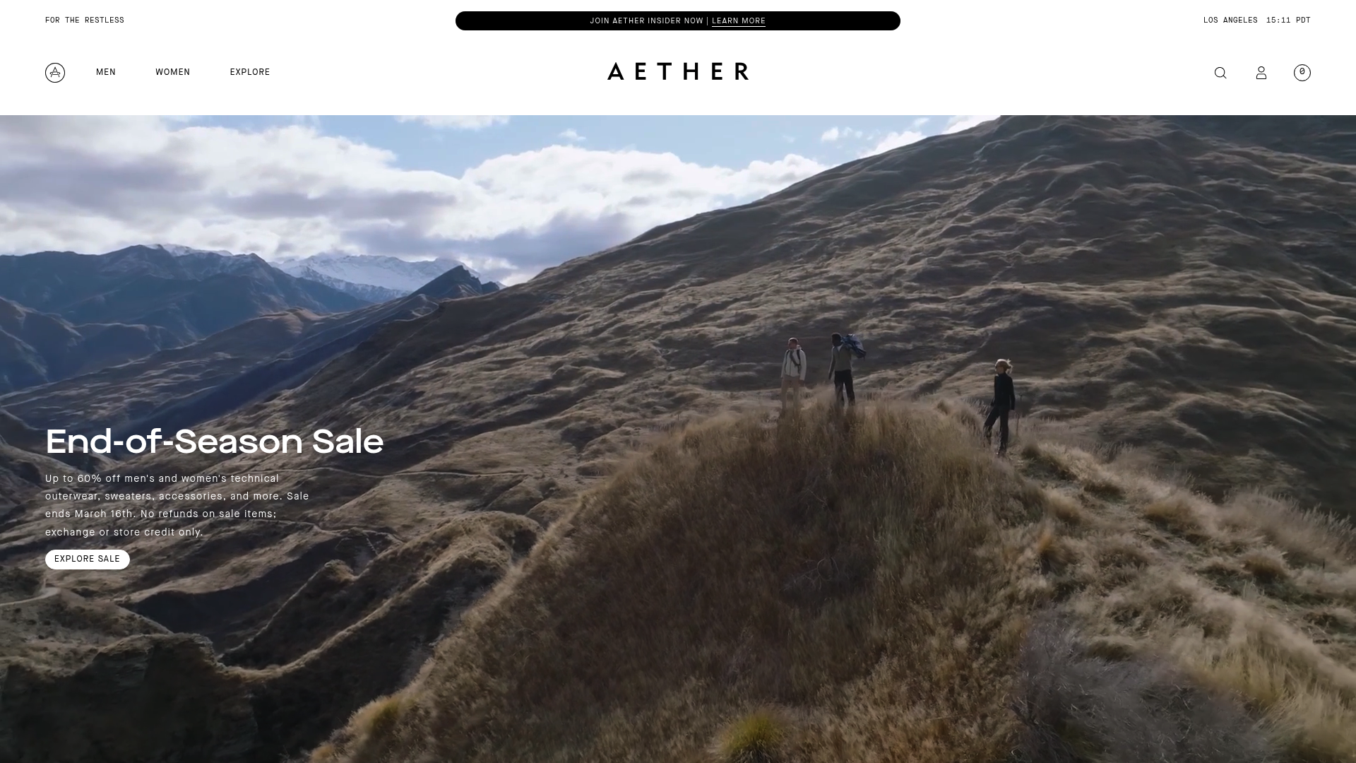 A screenshot of Aether Apparel's homepage showing the Aether logo at the top. The brand's tagline, "AETHER Apparel – For The Restless," is prominently displayed, conveying a sense of adventure. The aesthetic is sleek and minimalist, emphasizing luxury and functionality. Hero images showcase a selection of upscale outerwear, including jackets, sweaters, and ponchos, appealing to outdoor enthusiasts and fashion-conscious individuals. The color scheme is neutral with a mix of blacks, greys, and whites, adding to the sophisticated tone. Featured text includes "You only get one spin" and Mae West's quote "You only live once, but if you do it right, once is enough." The homepage highlights collections like the Osa Collection made from cotton-based PYRATEX® fleece, catering to both men and women. Accessories for snow and motorcycle use are also visible, positioning the brand as a provider of high-quality, versatile adventure apparel.