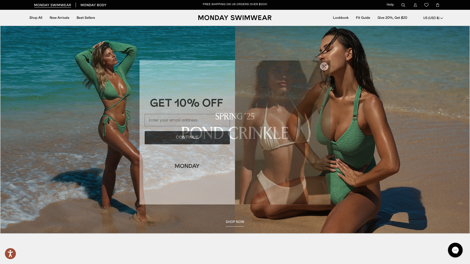 A screenshot of Monday Swimwear's homepage showing a minimalist and elegant design emphasizing luxury and feminine aesthetics. The homepage prominently features a sleek logo at the top, embodying simplicity and sophistication ideal for the brand's luxury appeal. Hero images present the latest swimwear collection, showcasing models in classic beach settings to highlight the natural and relaxed lifestyle associated with the brand. The color palette consists of soft pastels and neutral tones, reinforcing a serene and sophisticated atmosphere. Prominent text includes the brand's tagline emphasizing quality and fit, aimed at a fashionable female demographic valuing style and comfort in beachwear. Products include various styles of bikinis and one-piece swimsuits, meticulously displayed to accentuate details like cut and fabric texture, alluring customers towards high-quality materials and flattering designs. The brand conveys an approachable luxury feel, focusing on chic, timeless swimwear essentials, appealing primarily to young women seeking stylish and dependable beach attire.