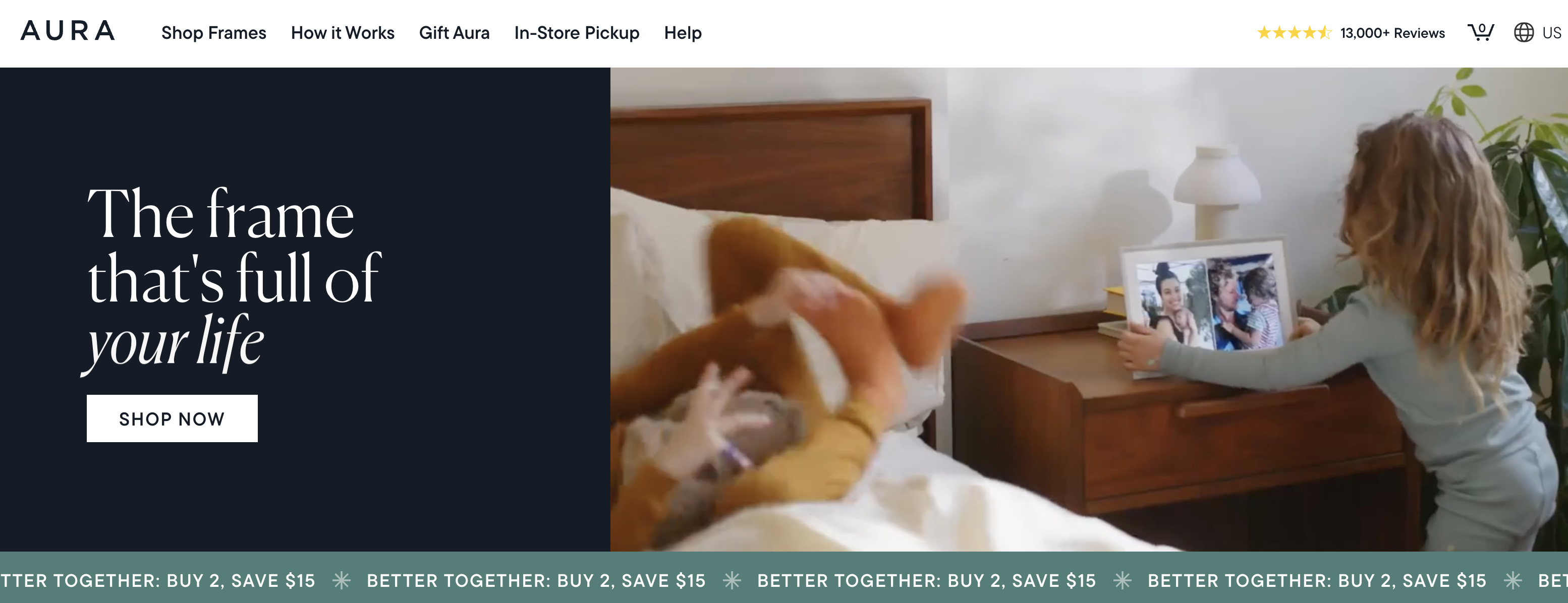 A screenshot of Aura Frame's homepage on their eCommerce website.