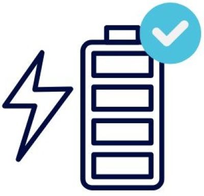 Grafik einer Batterie, Blitzsymbol und haken in blauem Kreis
