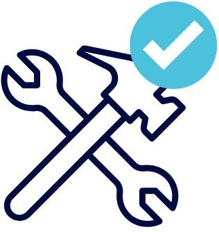 Grafische Darstellung von Hammer, Zange und Check-Symbol