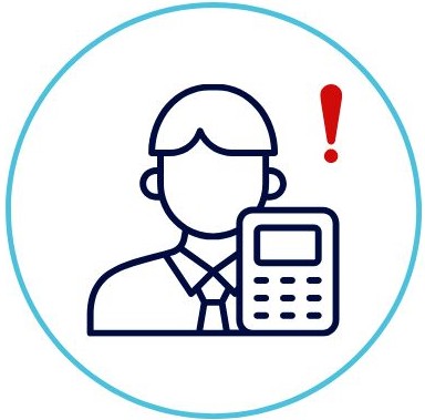 Icon Person mit Taschenrechner und Ausrufezeichen in einem Kreis