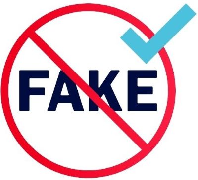 Icon Halt-Symbol mit Aufschrift Fake und Check-Symbol