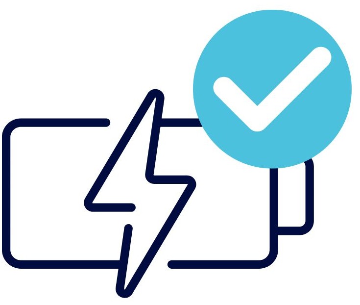 Grafik eines Batteriespeichers und Check-Symbol