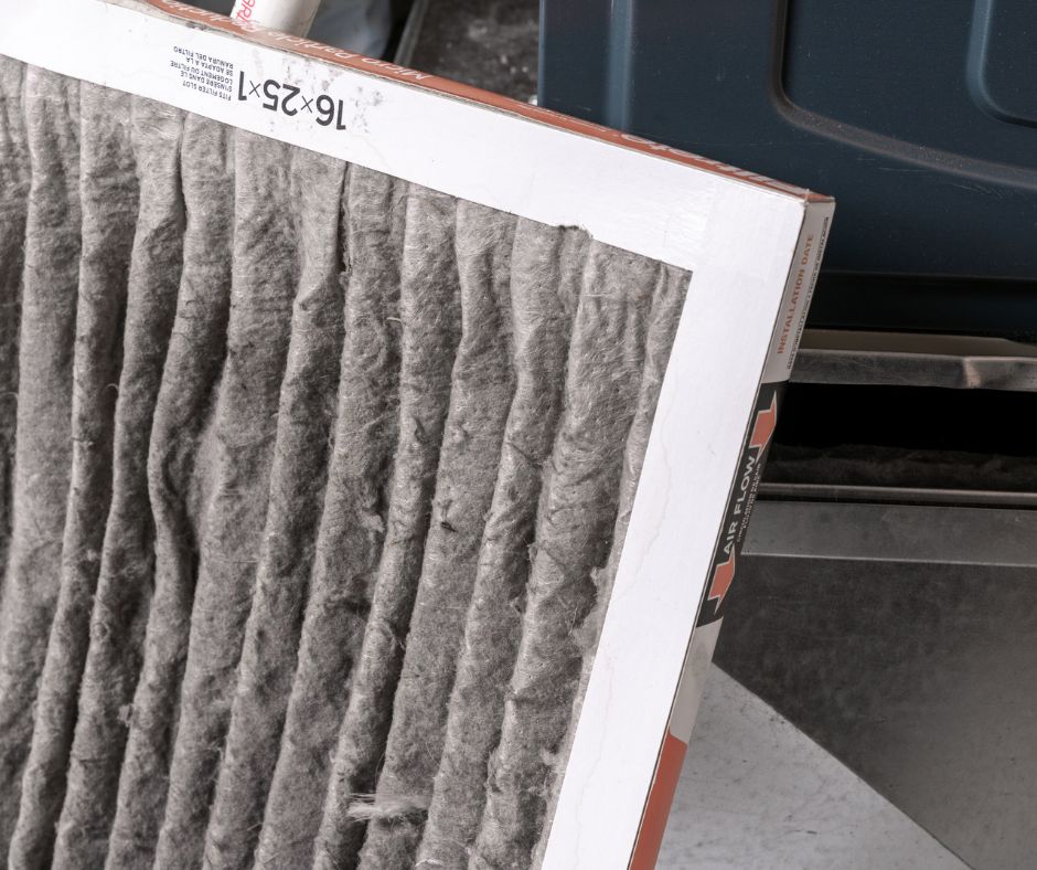 A furnace filter that is full of dust and debris. 