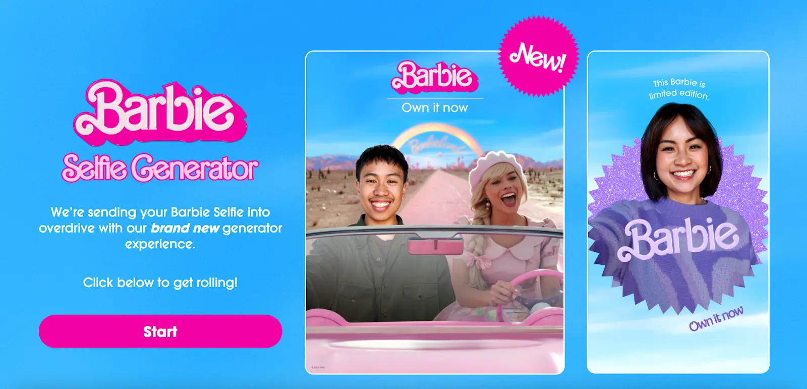 Promotional banner for the Barbie Selfie Generator featuring a young man and a woman enjoying a ride in a pink convertible under a sunny sky, and a smiling young woman in a purple Barbie sweater, representing the tool's capability to create personalized Barbie themed images.