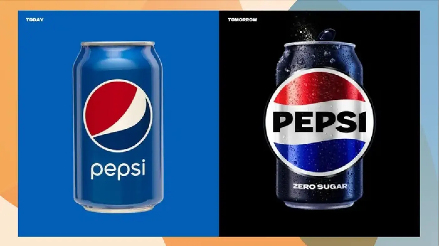 Split image comparing two Pepsi cans: on the left, a regular Pepsi can labeled "Today" against a blue background, and on the right, a Pepsi Zero Sugar can labeled "Tomorrow" with dynamic water droplets, set against a black background.