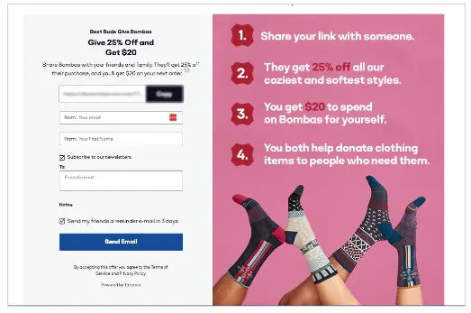 Screenshot of a promotional webpage for Bombas socks, showcasing a referral program. The image features four pairs of feet wearing colorful socks, raised against a pink background, with text explaining benefits of the referral system.