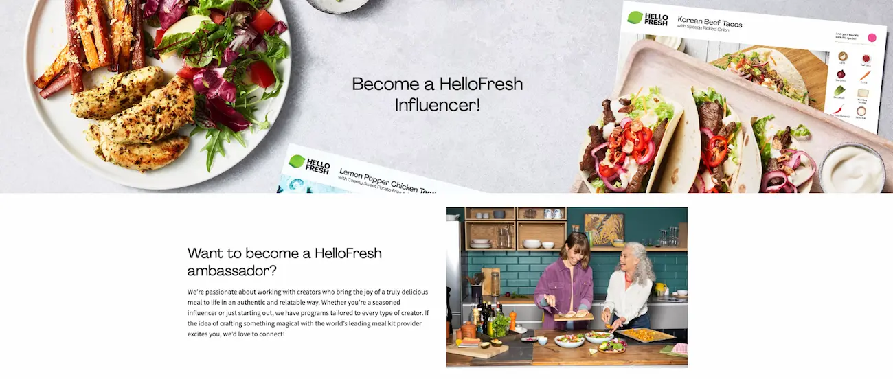 A promotional banner for HelloFresh features various meal options including Lemon Pepper Chicken with sweet potato fries, Korean Beef Tacos, and a vibrant, multi-generational cooking scene highlighting the joy of meal preparation. The banner encourages viewers to become a HelloFresh influencer, effectively merging appealing food photography with a call-to-action for creative collaboration.